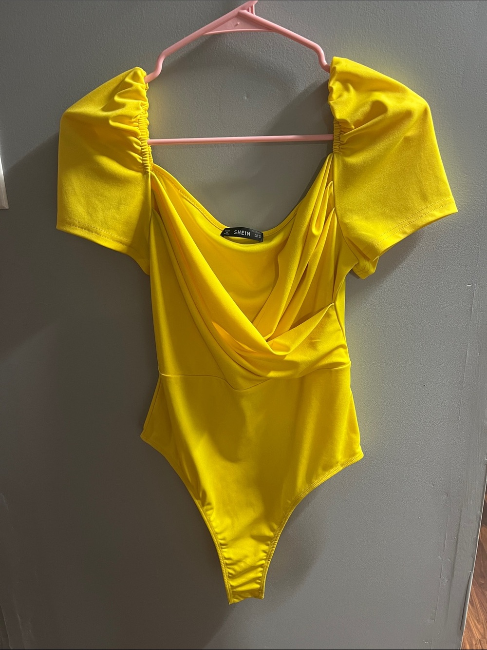 SHEIN Sunny Yellow Drape Neck Puff Sleeve Bodysuit